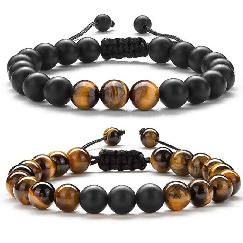 Geometric couple bracelets with tiger eye and matte black agate beads