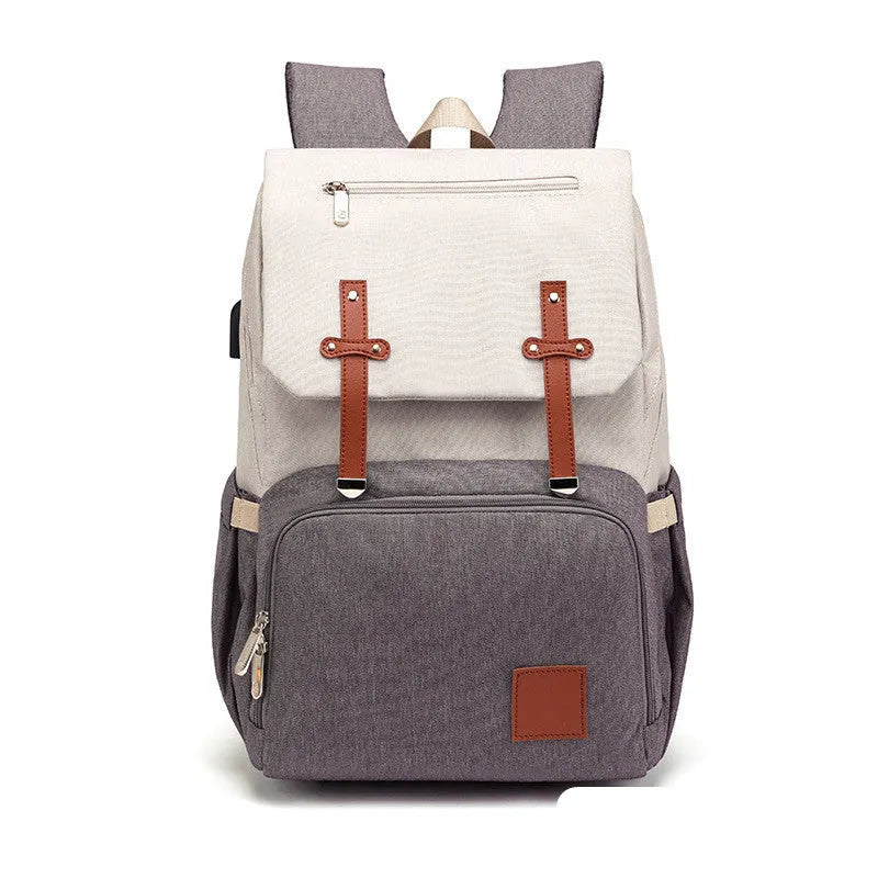 Grey white double shoulder mummy bag with bottle, stroller hooks, and multiple pockets for baby essentials