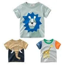 Children's cotton T-shirt with cool animal graphic print, short sleeves, available in Green lion, Grey giraffe, and Khaki Elephant designs.