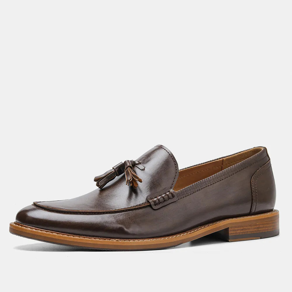 Wood grain tassel loafers – business formal slip-on shoes with PU upper and composite sole