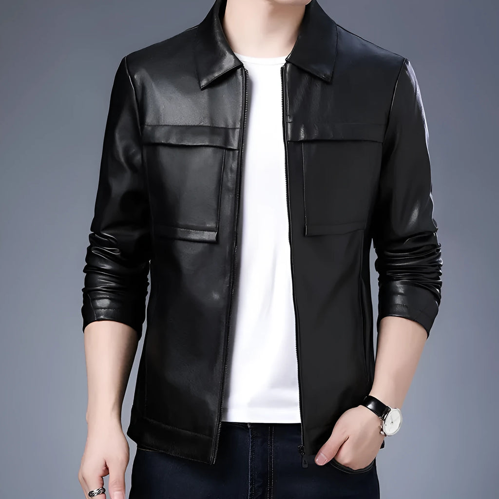 Men's slim lapel artificial leather jacket in black, side pockets, spring autumn outerwear
