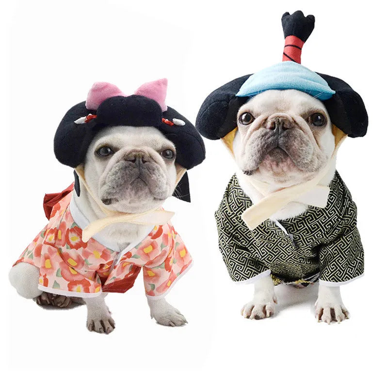 Japanese kimono dog warrior costume in black polyester on a dog, with red colour option also available in sizes S to XL