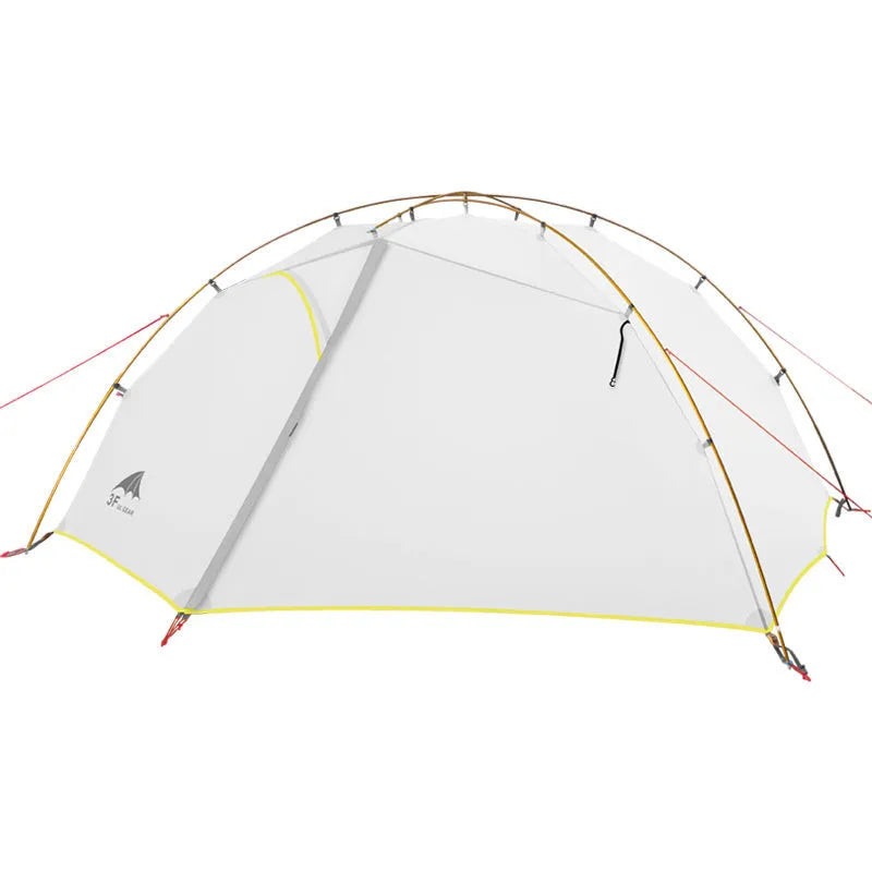 Green camouflage double layer camping tent with two room one hall layout set up outdoors