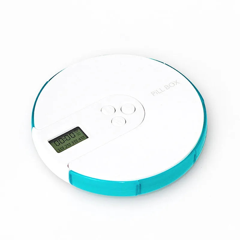 Blue seven-day electronic pill organiser with digital clock display and separate daily compartments.