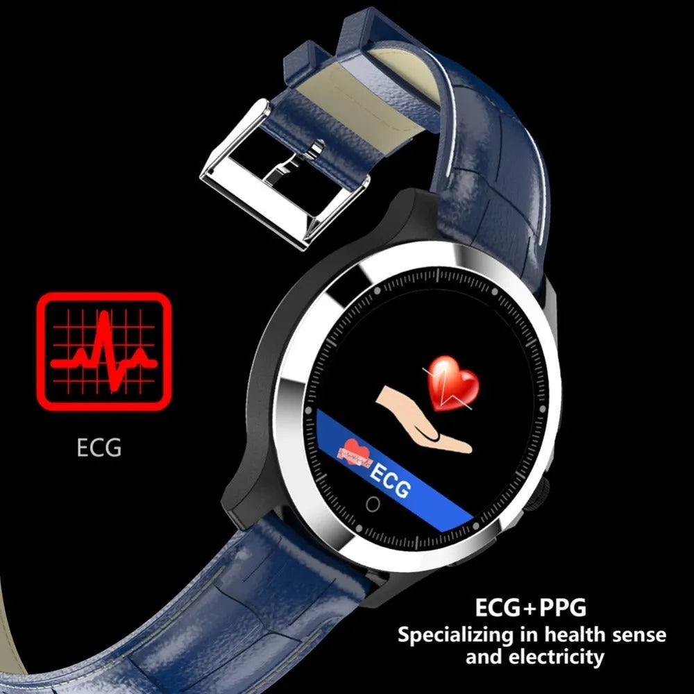 W8 ECG smart health monitoring bracelet with stainless steel body and black TPU strap on a wrist.
