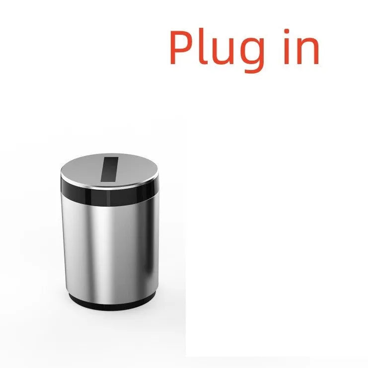 Silver aluminium automatic induction ashtray with lid open, showing compact size.