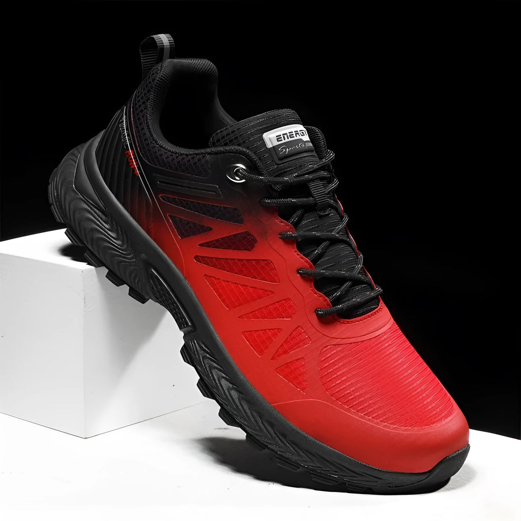 Men's plus-size outdoor running shoe in black with mesh upper and rubber sole, shown from the side.
