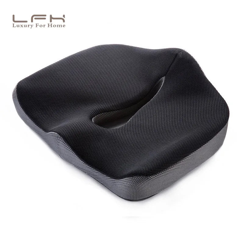 Black and grey coccyx orthopedic memory foam cushion with breathable mesh cover, 45x38x13cm