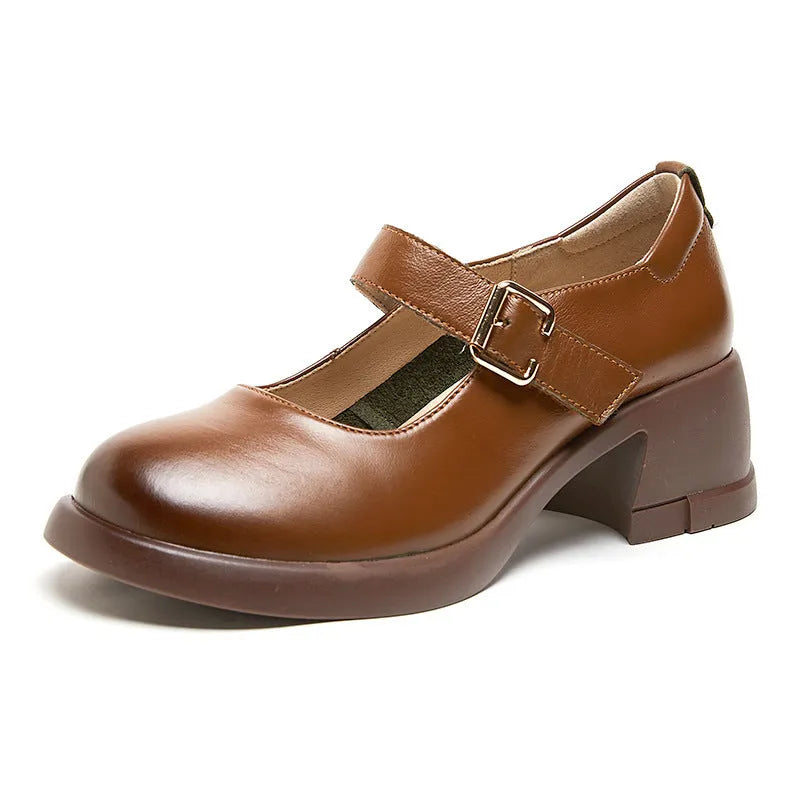 Genuine cowhide retro Mary Jane shoes with chunky heel and Velcro fastening in 23012 Brown
