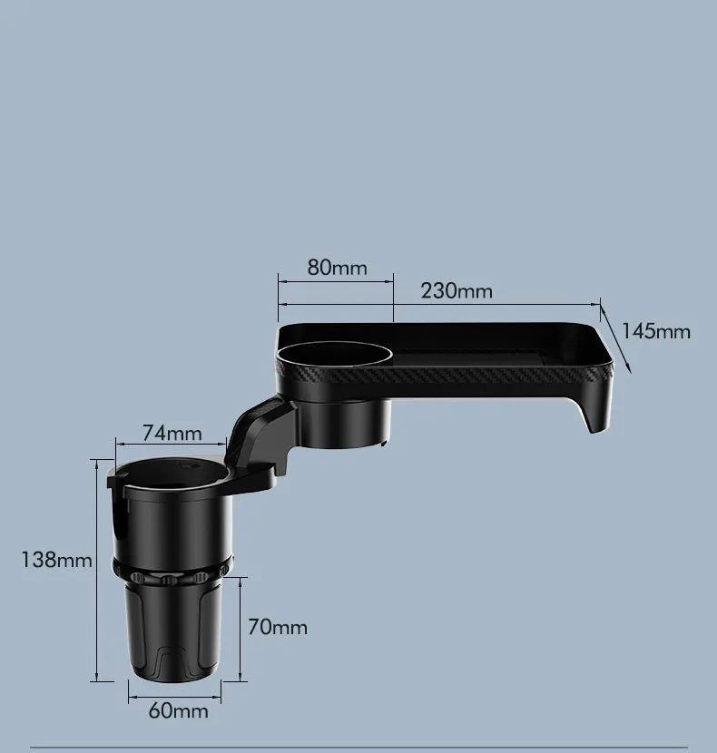 Black ABS plastic rotating dinner tray holder inserted into a car cup holder.