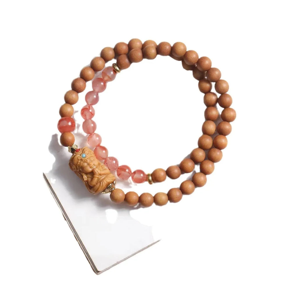 Brown wooden double circle bracelet with woven Zachilam pattern and 6mm round beads