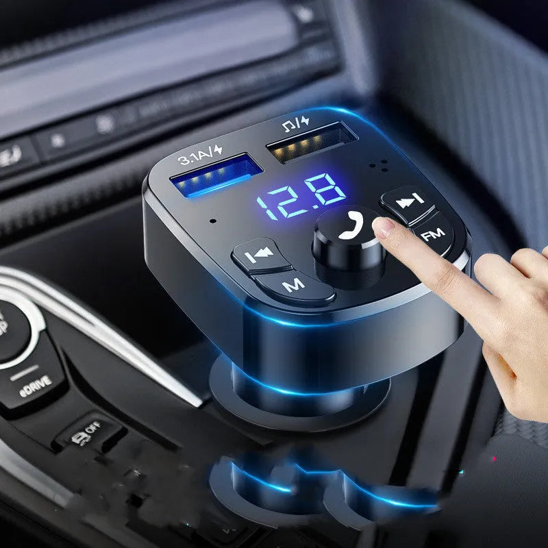 Car MP3 player Bluetooth 5.0 FM transmitter with blue digital display and dual USB ports for 12V-24V vehicles