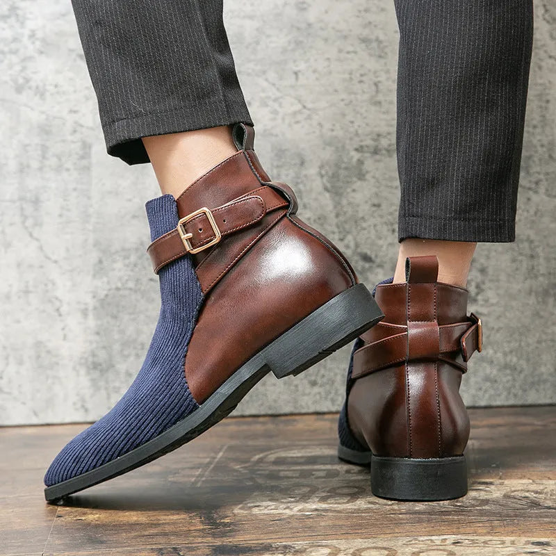 Men's high top retro platform biker boots in beige with colour block stitching and rubber sole