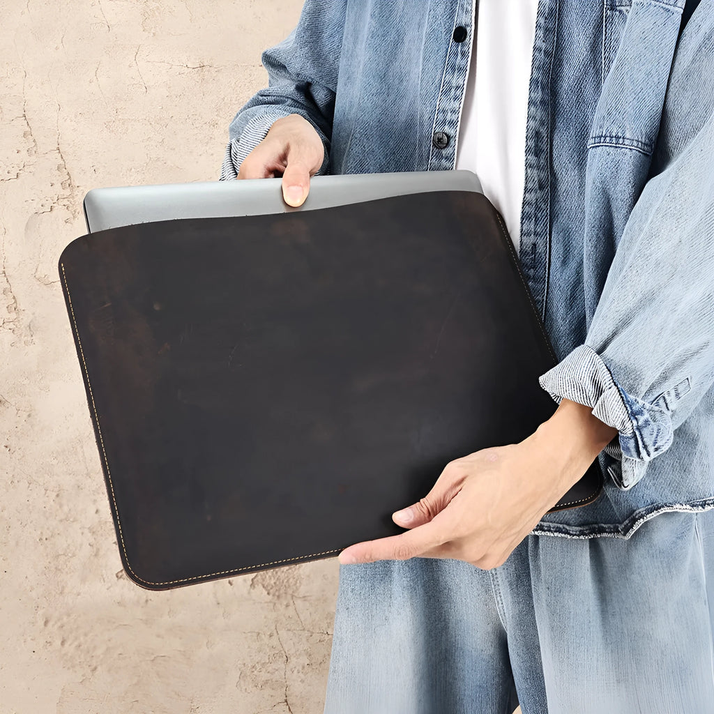 Brown genuine leather computer bag with horizontal design for laptops and tablets