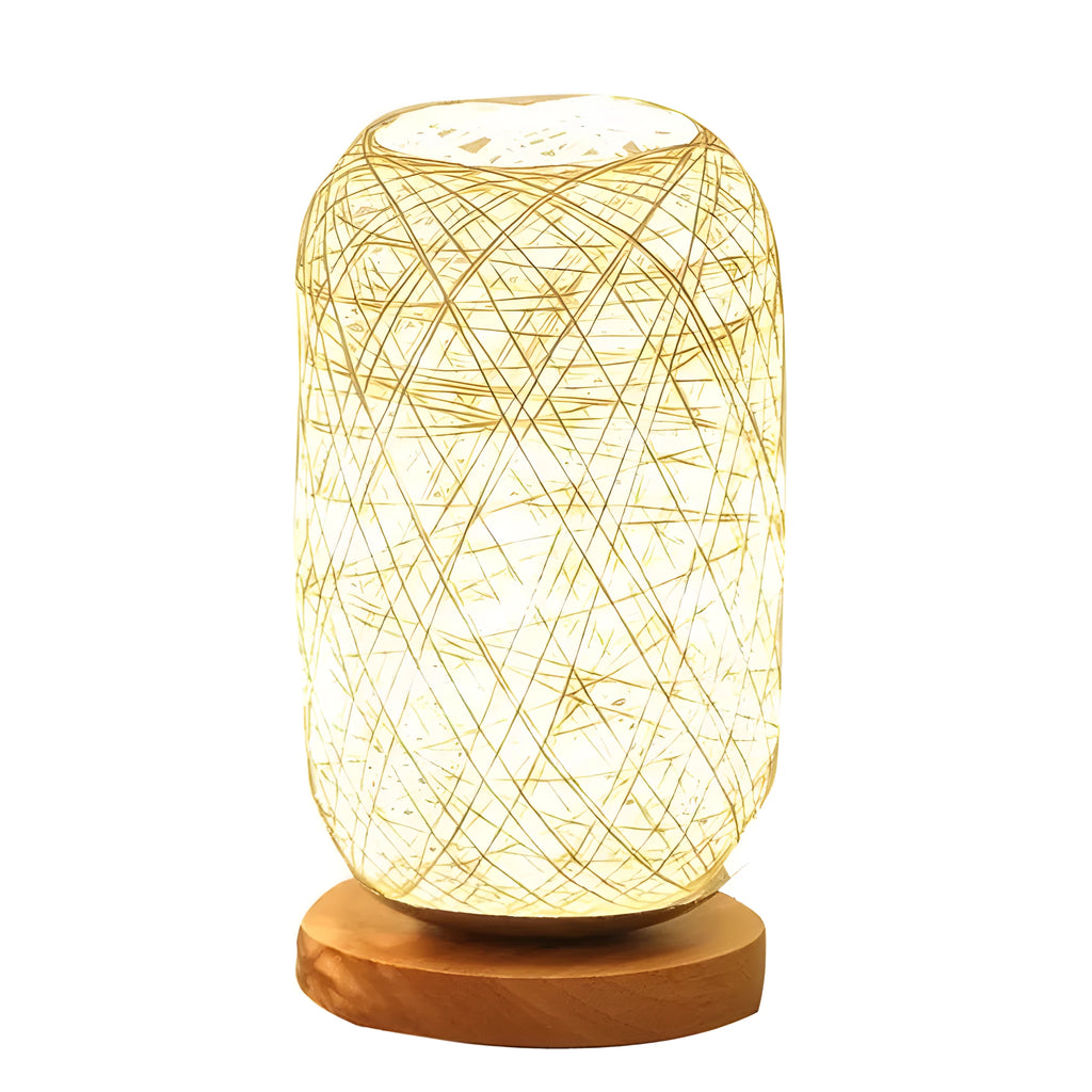 Hemp rope desk lamp with spherical shade on solid wood base