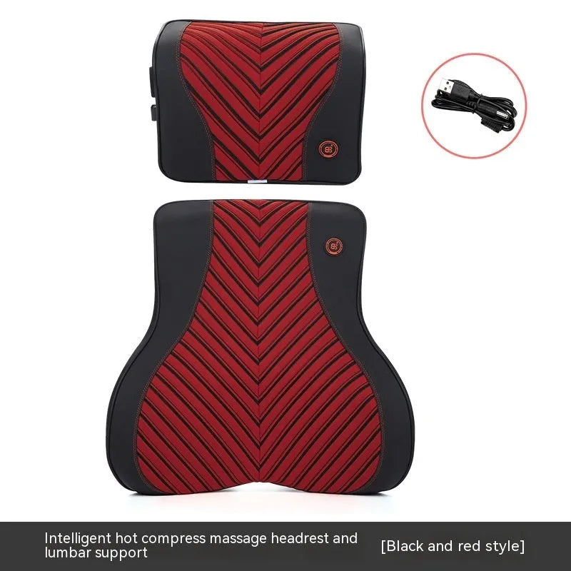 Car electric massage heating headrest and lumbar support cushion in black and orange colour