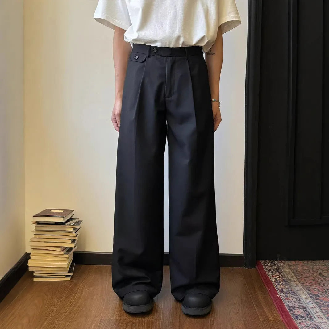 Men's solid colour drape casual trousers with straight-leg loose fit in polyester blend fabric