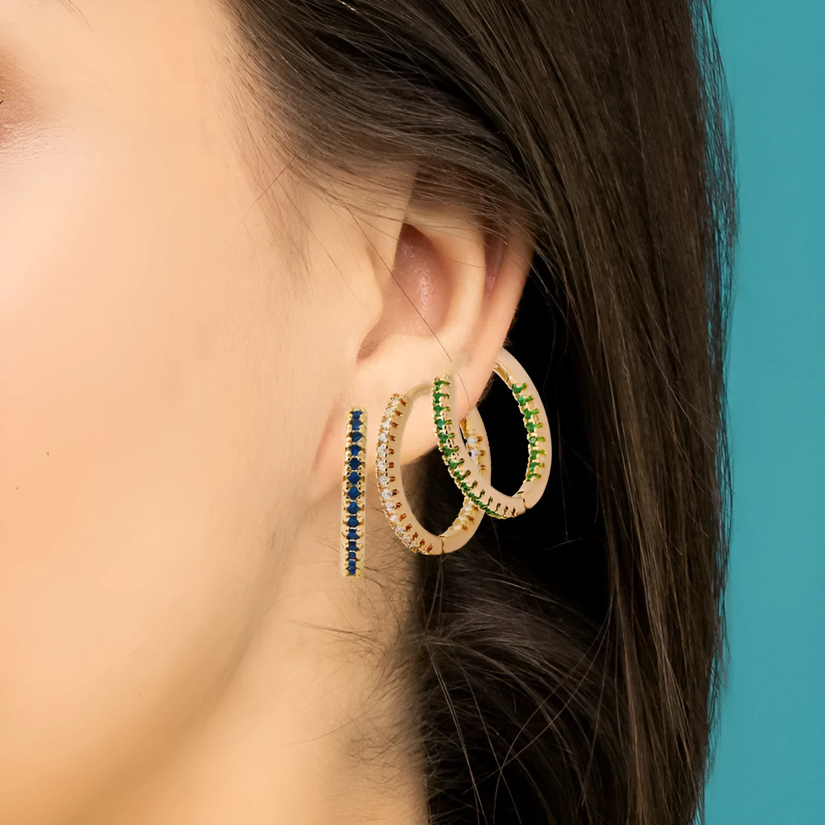 Round copper ear clip earrings with zircon in gold or silver plated finish, one pair