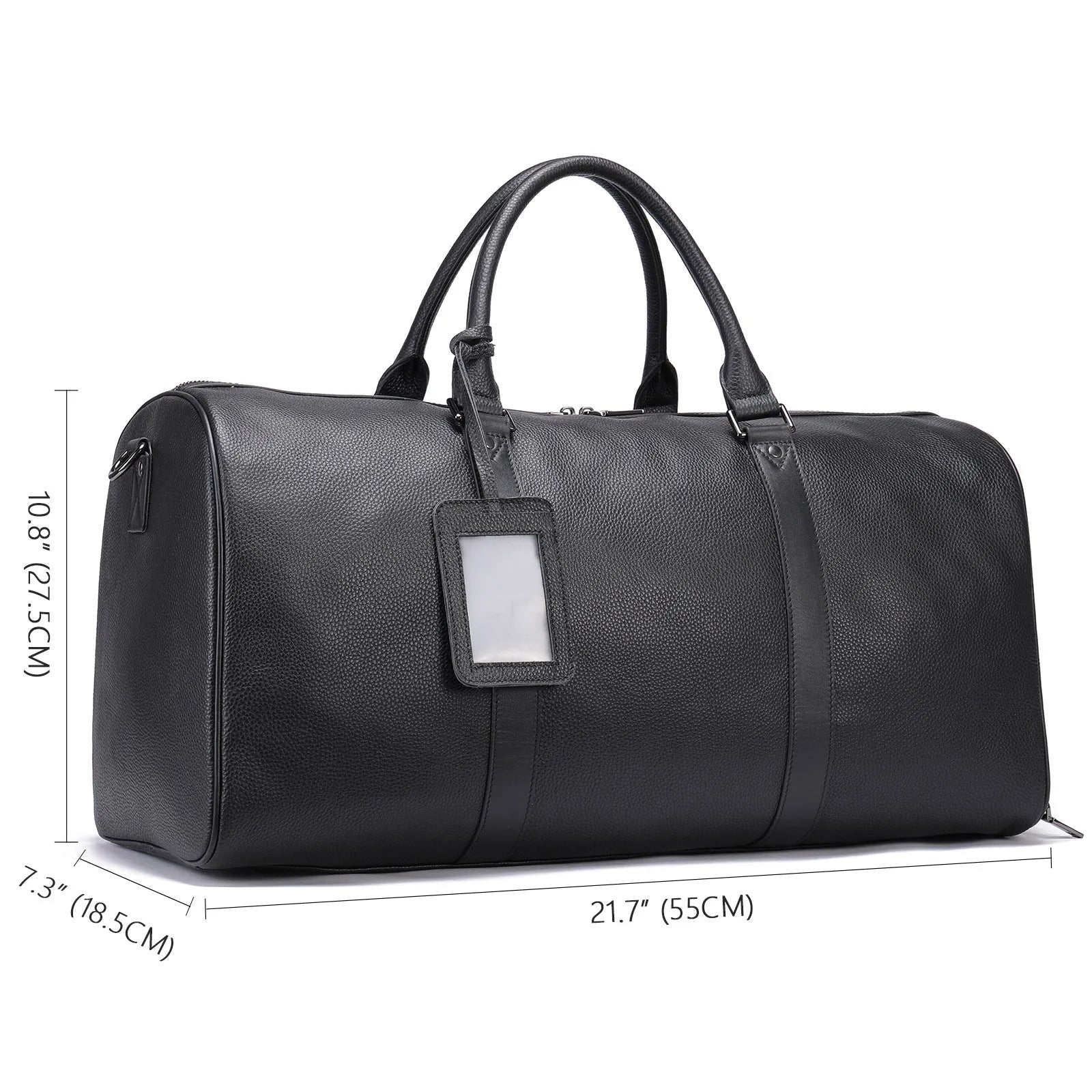 Men's black leather excursion bag with single shoulder strap showing large capacity design