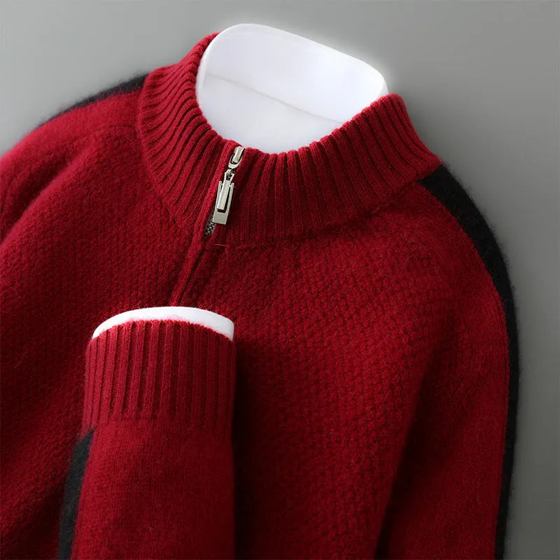 Slim-fit half-zip sheep wool sweater in raw velvet camel colour on a hanger.