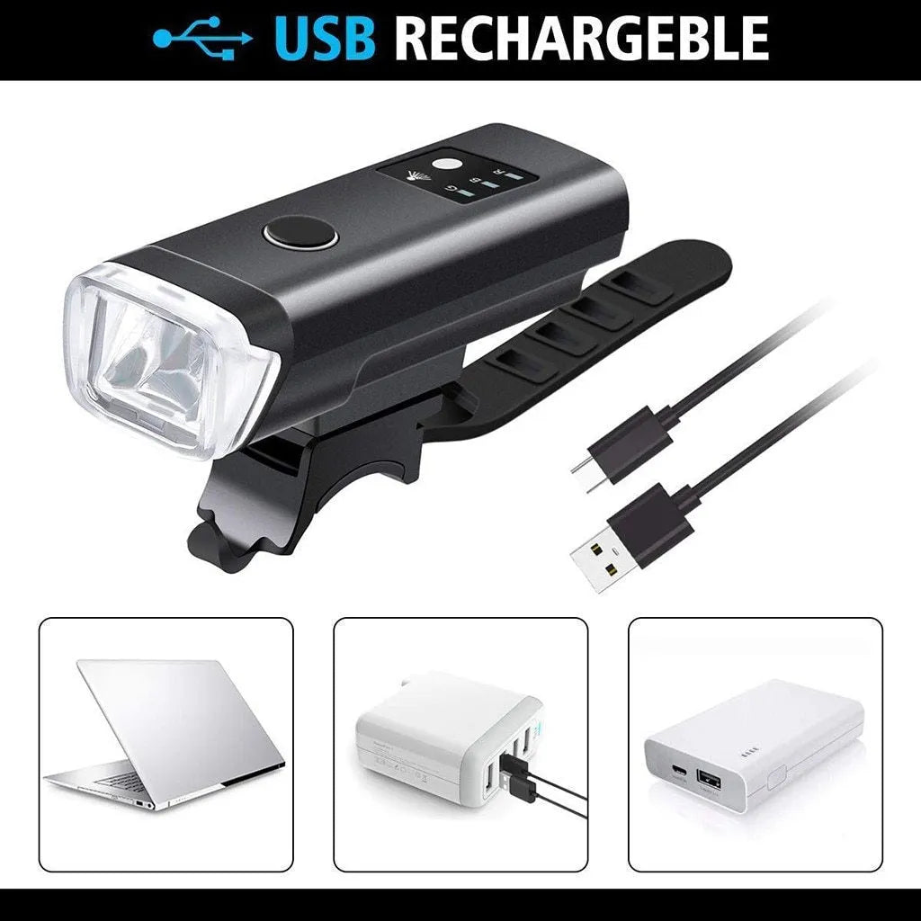 Black bicycle front light with 350 lumens and light sensor mode
