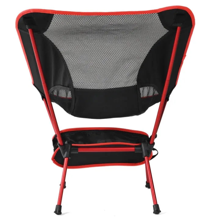 Portable folding camping chair with aluminium alloy frame, oxford cloth, nylon mesh back, and storage bag