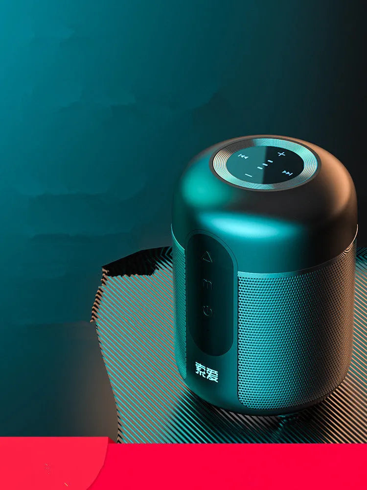 Black portable Bluetooth speaker with 30W output, 1500mAh battery, measuring 72mm by 99mm