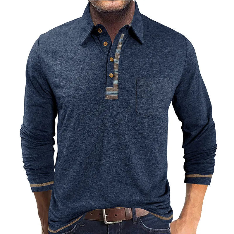 Men's button-down collar long sleeve polo shirt in blue, regular fit, rayon fabric, 210g colour cotton frame