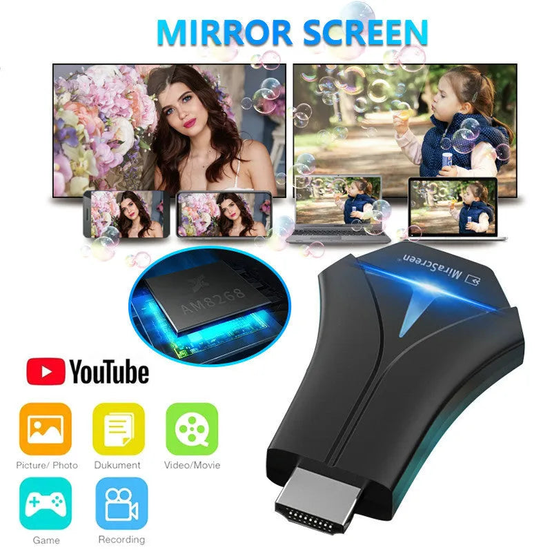 Mirascreen K12 HDMI WiFi dongle with USB connection, 1920x1080 output, Am8268 processor, for indoor display casting.