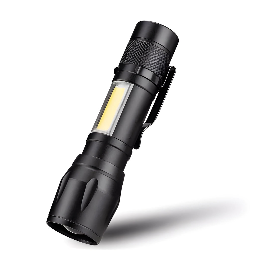 Black aluminium alloy telescopic LED flashlight with pocket clip showing extended and retracted positions