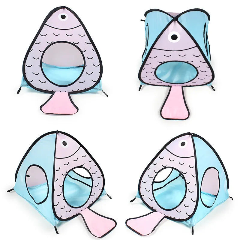 Foldable cat tent and tunnel play set with cat and fish print.