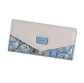 Women's black PU leather three-fold wallet with a metal clip closure, shown open.