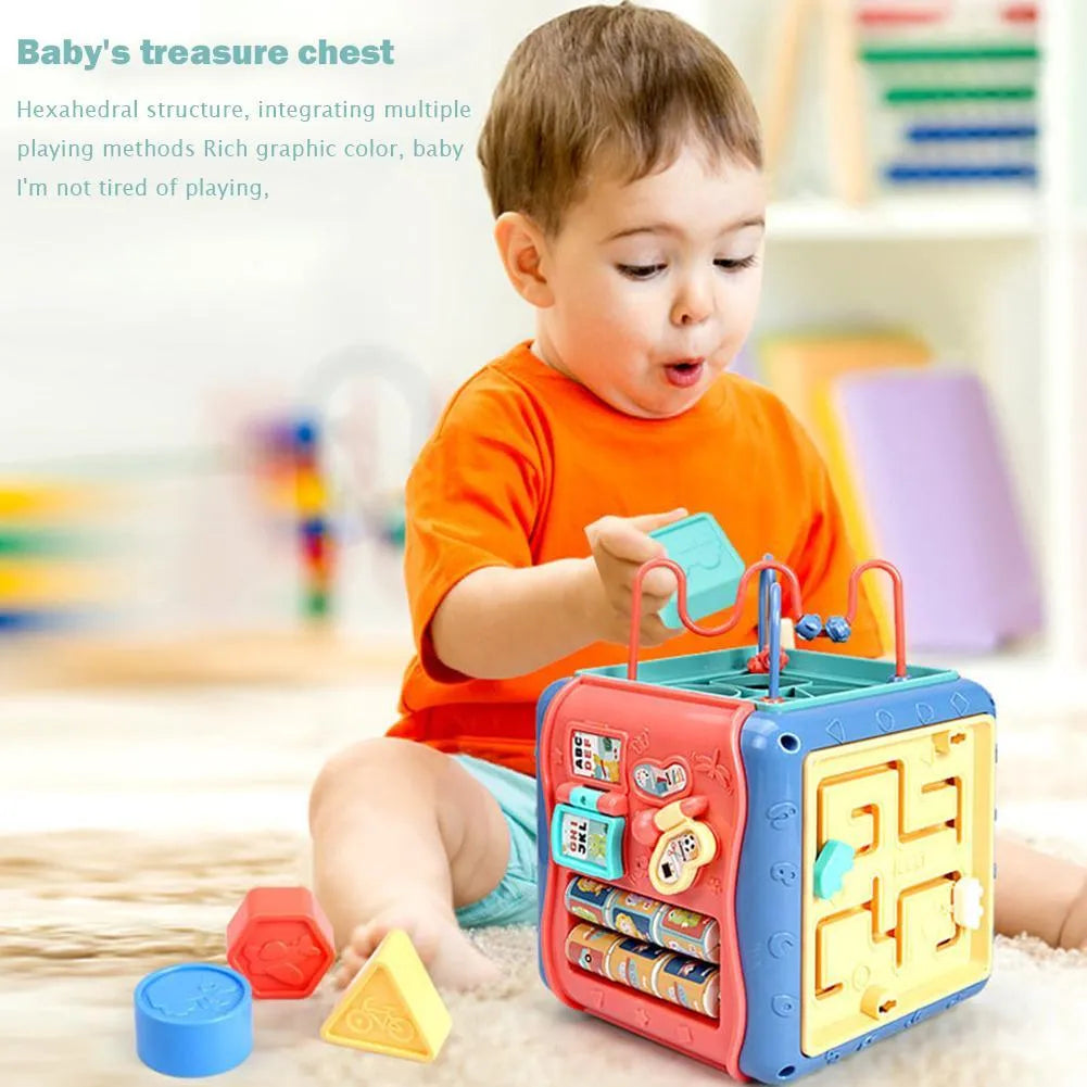 ABS plastic hexahedron educational toy with six different Montessori activities including bead maze and gears