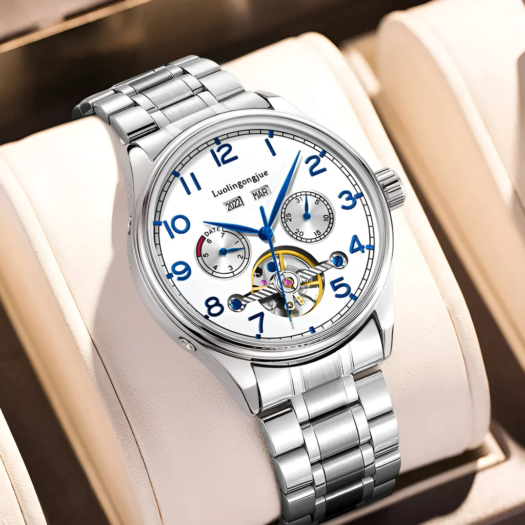 Men's silver and black business mechanical watch with leather strap and sapphire glass.