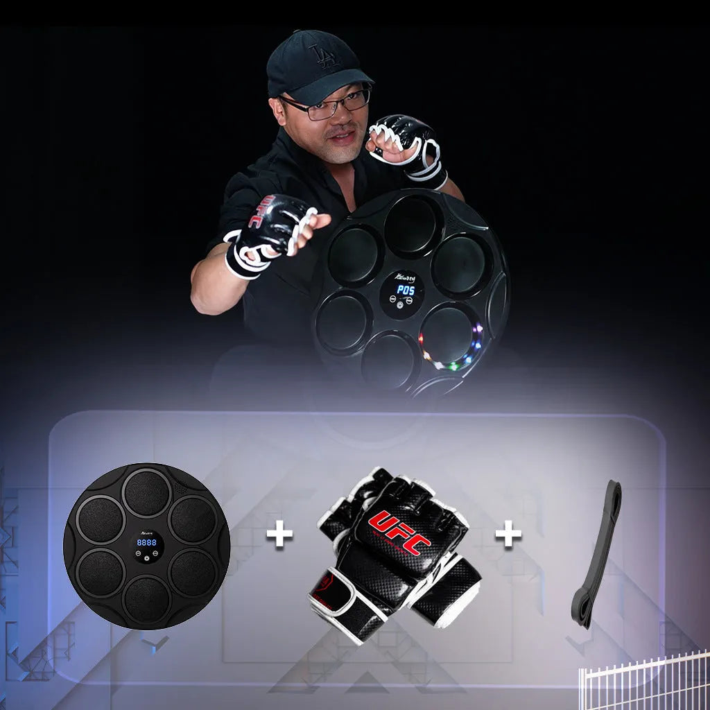 Black wall-mounted boxing target with coloured LED lights and Bluetooth connectivity for smart fitness training