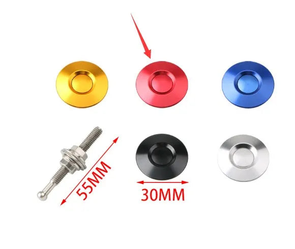 30mm diameter aluminium alloy engine cover lock in silver, black, gold, blue, and red colours next to a 55mm screw.
