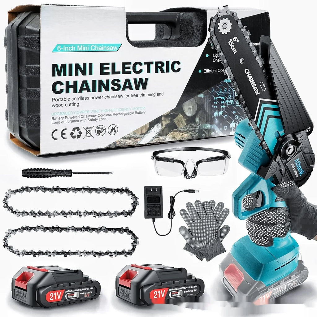 Handheld electric chainsaw with 6-inch chain, two lithium batteries, safety goggles, gloves and storage box
