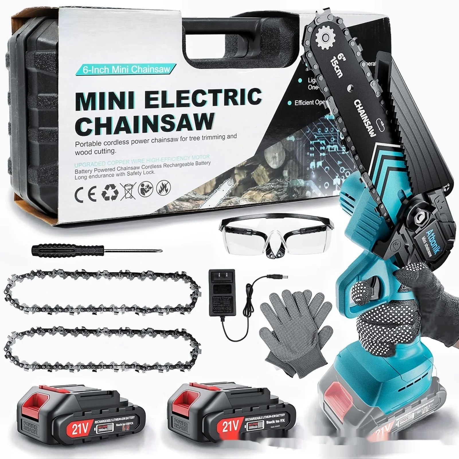 Handheld electric chainsaw with 6-inch chain, two lithium batteries, safety goggles, gloves and storage box