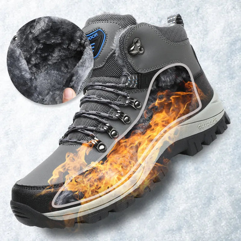 Men's winter snow boots with plush lining, lace-up front, synthetic leather upper, and TPR outsole in grey colour