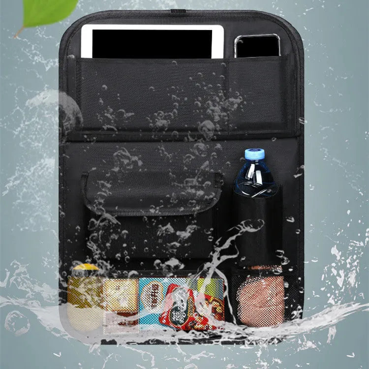 Car seat back storage bag in black Oxford cloth hanging on seat back, 54 x 42 x 22cm multi function organiser