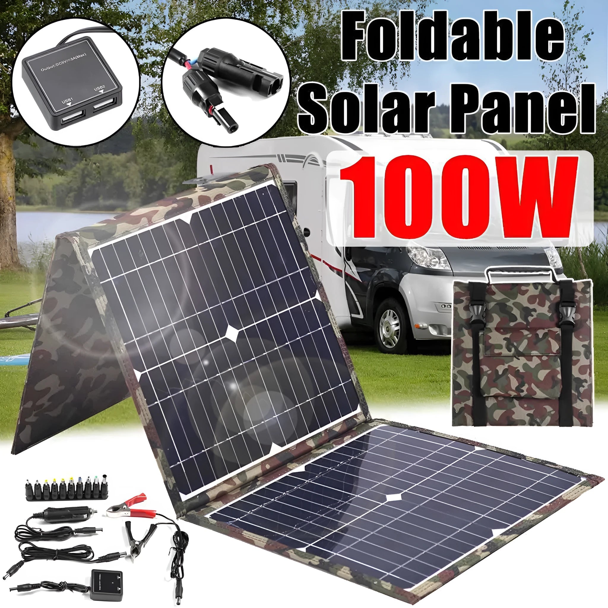 Black foldable portable solar panel unfolded showing three solar cells, with car charger and cables.
