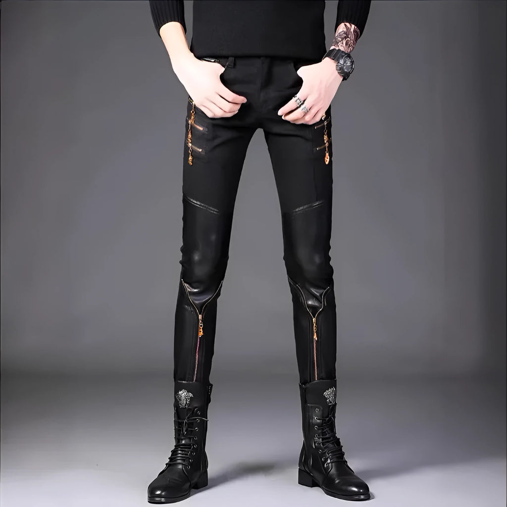 Slim-fit black synthetic leather straight-leg trousers with mid-waist and button fly for youth