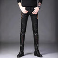 Slim-fit black synthetic leather straight-leg trousers with mid-waist and button fly for youth
