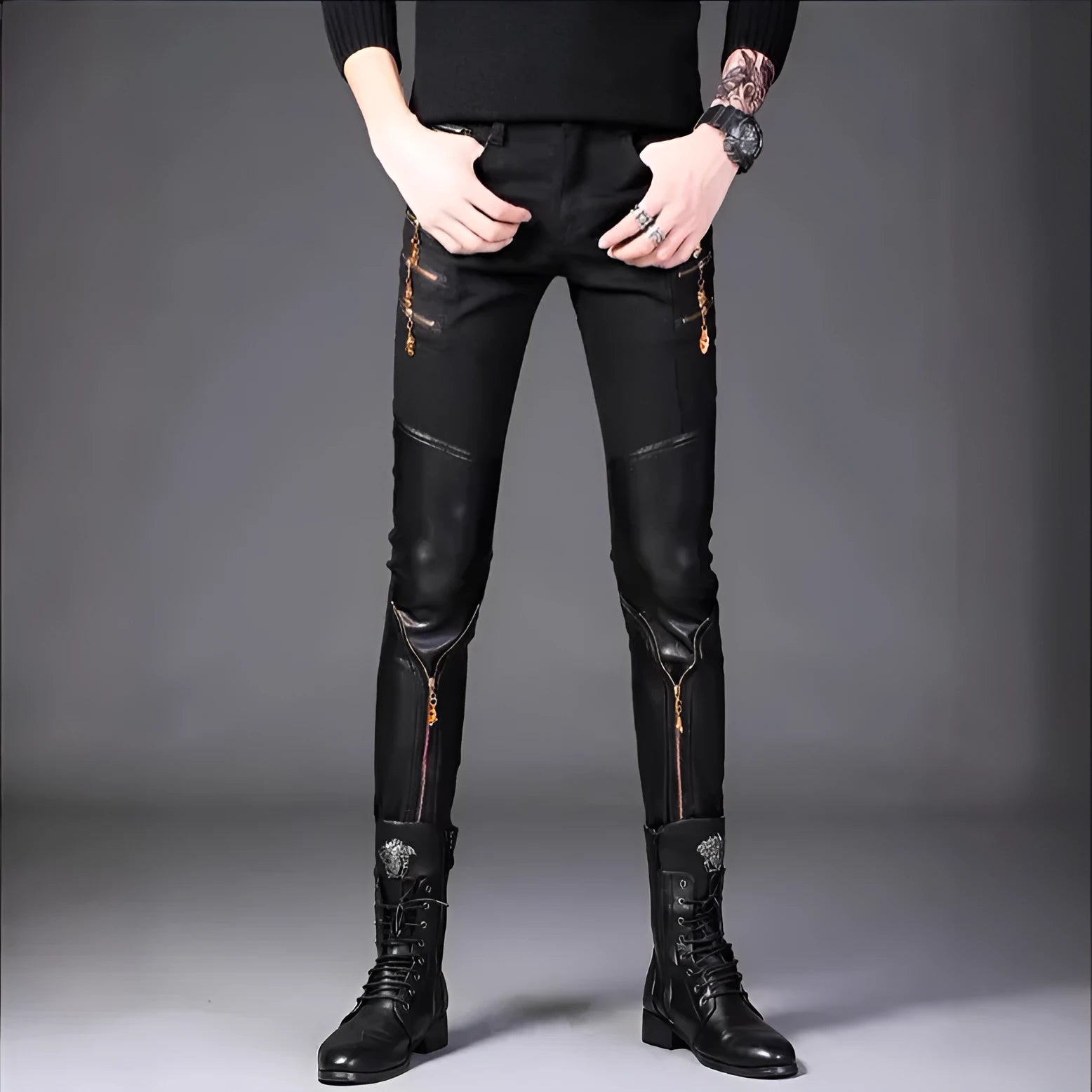 Slim-fit black synthetic leather straight-leg trousers with mid-waist and button fly for youth