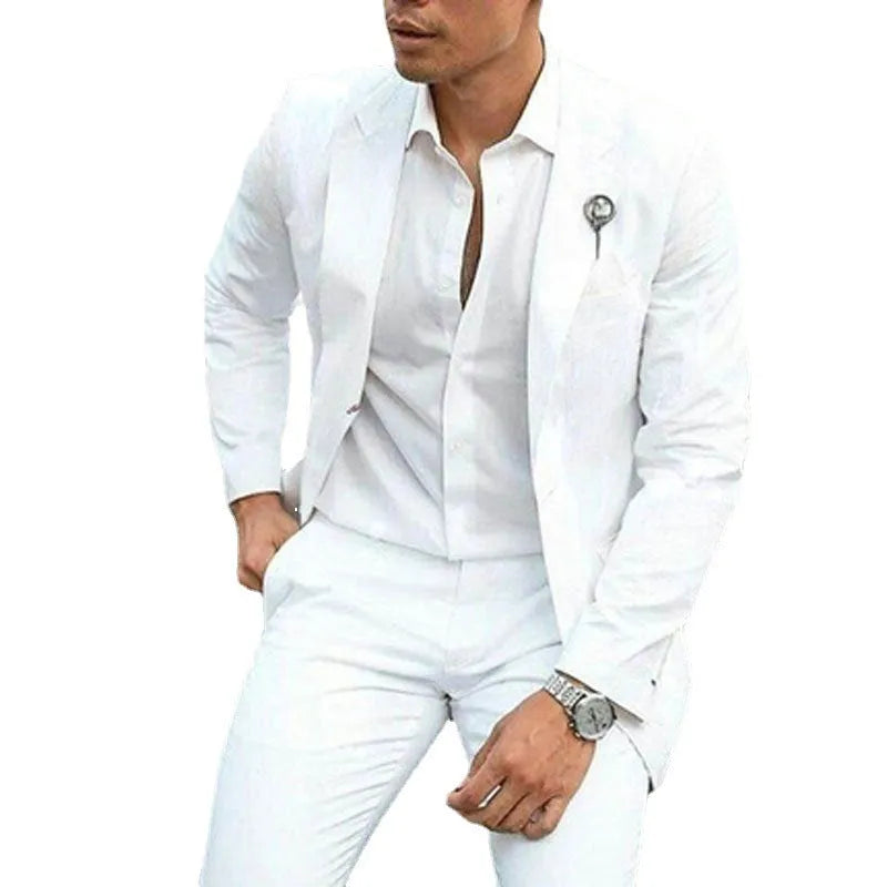 Men's white slim fit two-piece wedding suit with groomsman styling
