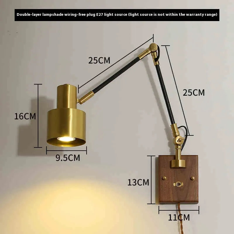 Retro copper rocker arm wall lamp for bedside or creative wall lighting