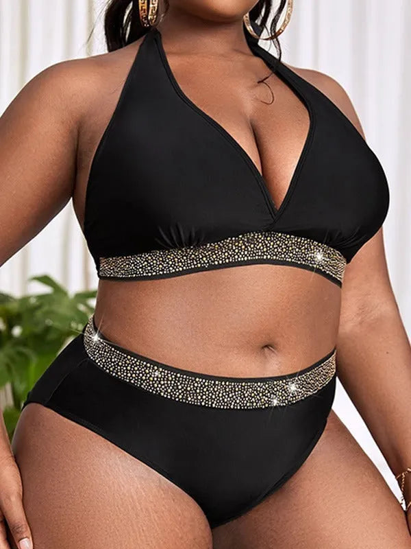Black plus size women's bikini swimsuit set with bra and shorts, shown on a mannequin.