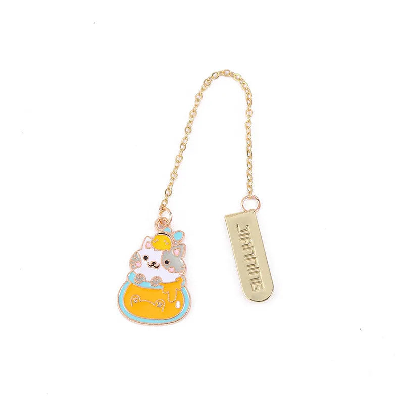 Cat metal pendant bookmark with creative cartoon designs including Strawberry Cake Cat and Cherry Sleeping Cat