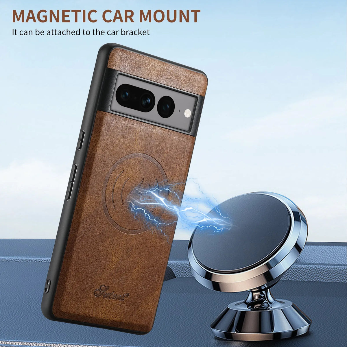 Handcrafted card-inserting magnetic phone case with stand in brown, back view showing card slot and magnetic closure, for Google Pixel 9 Pro XL