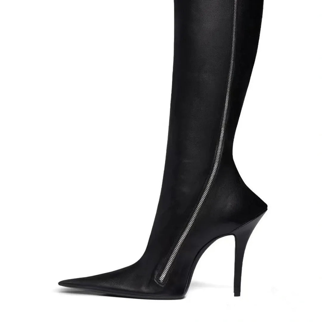 Black women's knee-high stiletto boots with pointed toe, side zipper, artificial PU upper, and rubber sole
